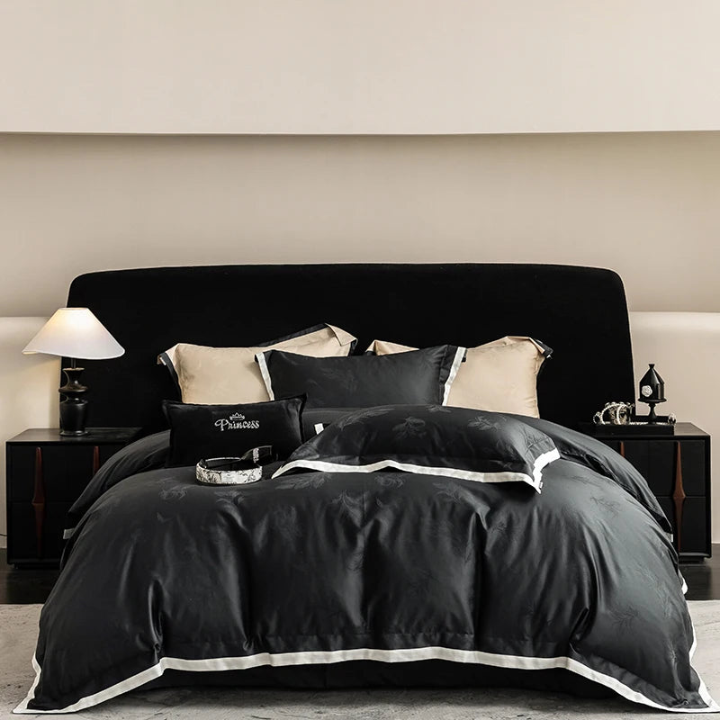 Blue & Black Luxury Jacquard Bedding Set – 1000TC Egyptian Cotton Satin