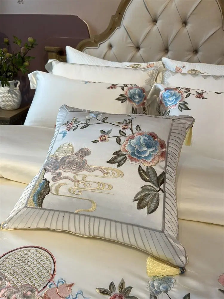 Peony Embroidered Brocade Bedding Set – High Precision Egyptian Cotton