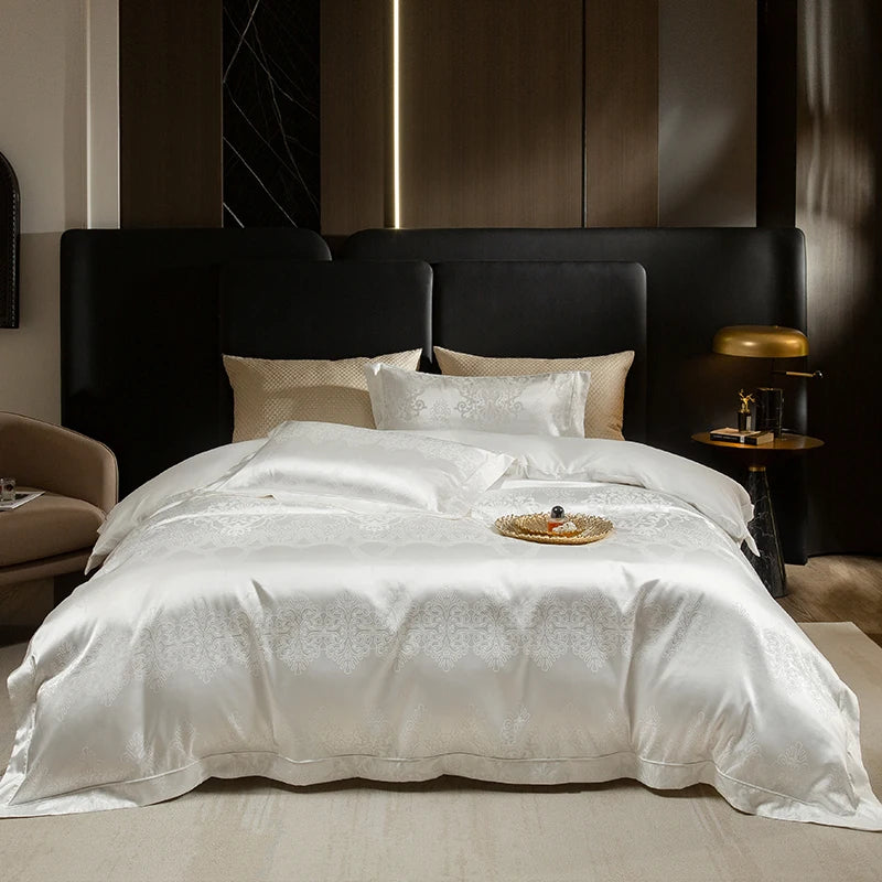 Luxury Satin Jacquard & 60S Cotton Patchwork Bedding Set – 4 Pieces